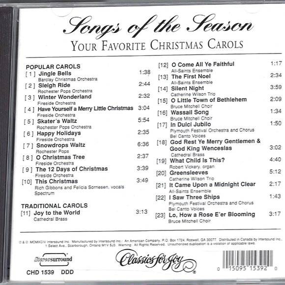 Songs of the Season: Your Favorite Christmas Carols Orchestra & Choir CD 1994 - Picture 2 of 4
